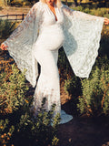 Yooulike White Lace Trumpet Mermaid V-Neck Long Sleeve Elegant Boho Fashion Wedding Gown Photoshoot Maternity Maxi Dresses