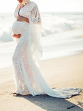 Yooulike White Lace Trumpet Mermaid V-Neck Long Sleeve Elegant Boho Fashion Wedding Gown Photoshoot Maternity Maxi Dresses