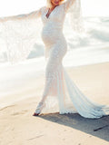 Yooulike White Lace Trumpet Mermaid V-Neck Long Sleeve Elegant Boho Fashion Wedding Gown Photoshoot Maternity Maxi Dresses