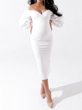 Yooulike White Slit Bodycon Off Shoulder Boat Neck Lantern Sleeve Long Sleeve Elegant Prom Baby Shower Maternity Midi Dress