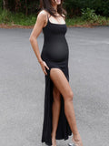 Yooulike Black Bodycon Lace Slit Bandeau Backless Spaghetti Straps Sleeveless Clubwear Evening Party Maternity Maxi Dress