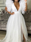 Yooulike Side Slit Puffy Tutu Tulle Deep V-Neck Baby Shower Photoshoot Gown Maternity Maxi Dress