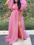 Yooulike Hot Pink Tulle dress Side Slit Puffy Tutu Tulle Deep V-Neck Sleeveless Baby Shower Photoshoot Gown Maternity Maxi Dress