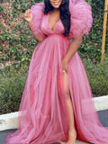 Yooulike Hot Pink Tulle dress Side Slit Puffy Tutu Tulle Deep V-Neck Sleeveless Baby Shower Photoshoot Gown Maternity Maxi Dress