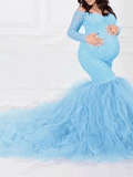 Yooulike Lace Puffy Tutu Bodycon Big Swing Mermaid Off Shoulder Long Sleeve Elegant Photo Shooting Maternity Maxi Dress