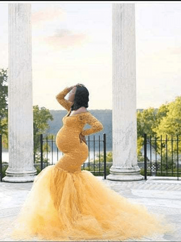yellow mermaid maternity dress Yellow Tulle Maternity Dress, Low Cut Slit Gown