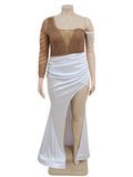 Yooulike Bodycon Irregular Rhinestone Side Slit Mermaid One-Shoulder Long Sleeve Evening Party Maternity Maxi Dress