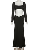 Yooulike Black Cut Out Bodycon Mermaid Crop Backless Long Sleeve Clubwear Chic Elegant Cocktail Party Photoshoot Maternity Maxi Dress