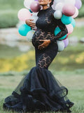 Yooulike Lace Patchwork Tutu Tulle Bodycon Mermaid High Neck Long Sleeve Chic Elegant Photo Shooting Maternity Maxi Dress