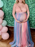 Yooulike Rainbow Stripe Tulle V-Neck Spaghetti Straps Backless Cute Baby Shower Gender Reveal Party Maternity Maxi Dress