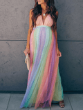 Yooulike Rainbow Stripe Tulle V-Neck Spaghetti Straps Backless Cute Baby Shower Gender Reveal Party Maternity Maxi Dress