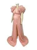 Yooulike Pink Tulle Big Swing Side Slit V-Neck Sleeveless Elegant Party Prom Plus Size Baby Shower Photoshoot Maternity Maxi Dress
