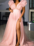 Yooulike Pink Tulle Big Swing Side Slit V-Neck Sleeveless Elegant Party Prom Plus Size Baby Shower Photoshoot Maternity Maxi Dress