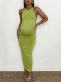 Yooulike Solid Color Ruffle Bodycon Knot Halter Neck Backless Off Shoulder Clubwear Evening Party Summer Maternity Maxi Dress