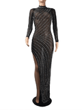 Yooulike Bodycon Mesh Rhinestone Shimmer See Through Irregular Slit High Neck Long Sleeve Elegant Photoshoot Maternity Maxi Dress