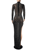 Yooulike Bodycon Mesh Rhinestone Shimmer See Through Irregular Slit High Neck Long Sleeve Elegant Photoshoot Maternity Maxi Dress