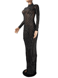 Yooulike Bodycon Mesh Rhinestone Shimmer See Through Irregular  Slit High Neck Long Sleeve Elegant Photoshoot Maternity Maxi Dress