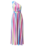 Yooulike Pink Blue Rainbow Stripe Cut Out Slit Draped Oblique Shoulder Elegant Fashion Gender Reveal Party Maternity Maxi Dress
