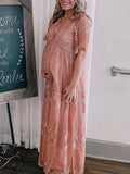 Yooulike Photoshoot Babyshower Lace V-Neck Short Sleeve Elegant Fashion Boho Maternity Maxi Dress Beach Garden Events