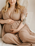 Yooulike Single Breasted Flouncy Draped V-Neck Short Sleeve Boho Fashion Vacation Holiday Babyshow Shooting Maternity Maxi Dress