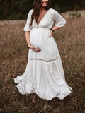 Yooulike Lace Flouncy Draped V-Neck Short Sleeve Casual Chic Elegant Boho Babyshower Photoshoot Holiday Maternity Maxi Dress