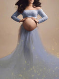 Yooulike Maternity For Babyshower Dress Lace Tulle Off Shoulder Two Piece Boat Neck Long Sleeve Elegant Fashion Photoshoot