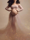 Yooulike Maternity For Babyshower Dress Lace Tulle Off Shoulder Two Piece Boat Neck Long Sleeve Elegant Fashion Photoshoot