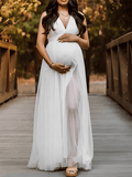 Yooulike White A-Line Tulle Double Slit V-Neck Backless Sleeveless Elegant Babyshower Party Photoshooting Maternity Maxi Dress