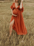 Yooulike Single Breasted Ruffle V-Neck Short Sleeve Elegant Fashion Beach Boutique Holiday Photoshoot Maternity Maxi Dress