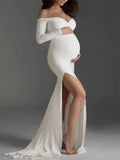 Yooulike Bodycon Side Slit Mermaid V-Neck Boat Neck Off Shoulder Long Sleeve Elegant Fashion Photoshoot Gown Maternity Maxi Dress