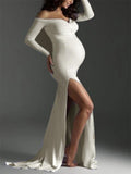 Yooulike Bodycon Side Slit Mermaid V-Neck Boat Neck Off Shoulder Long Sleeve Elegant Fashion Photoshoot Gown Maternity Maxi Dress