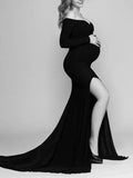 Yooulike Bodycon Side Slit Mermaid V-Neck Boat Neck Off Shoulder Long Sleeve Elegant Fashion Photoshoot Gown Maternity Maxi Dress