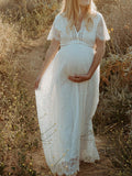 Yooulike White Boho Lace V-Neck Short Sleeve Elegant Fashion Photo shooting Babyshower Party Maternity Maxi Dress