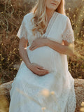 Yooulike White Boho Lace V-Neck Short Sleeve Elegant Fashion Photo shooting Babyshower Party Maternity Maxi Dress