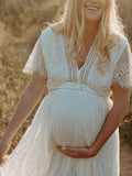 Yooulike White Boho Lace V-Neck Short Sleeve Elegant Fashion Photo shooting Babyshower Party Maternity Maxi Dress