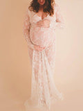 Yooulike Lace Solid Color See Through Bodycon Deep V-Neck Long Sleeve Elegant Fashion Photoshoot Baby Shower Maternity Maxi Dress