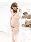 Yooulike Lace Solid Color See Through Bodycon Deep V-Neck Long Sleeve Elegant Fashion Photoshoot Baby Shower Maternity Maxi Dress