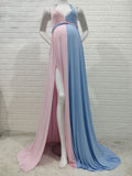 Yooulike Pink Blue Gender Reveal Hit Color Lace Side Slit Halter Neck Backless Elegant Fashion Babyshower Party Maternity Maxi Dress