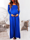 Yooulike Solid Color Draped Boat Neck Off Shoulder Long Sleeve Elegant Fashion Photo Shooting Maternity Maxi Dress