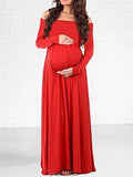 Yooulike Solid Color Draped Boat Neck Off Shoulder Long Sleeve Elegant Fashion Photo Shooting Maternity Maxi Dress