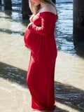 Yooulike Solid Color Draped Boat Neck Off Shoulder Long Sleeve Elegant Fashion Photo Shooting Maternity Maxi Dress