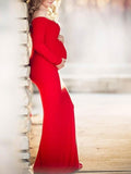 Yooulike Solid Color Draped Boat Neck Off Shoulder Long Sleeve Elegant Fashion Photo Shooting Maternity Maxi Dress