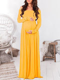 Yooulike Solid Color Draped Boat Neck Off Shoulder Long Sleeve Elegant Fashion Photo Shooting Maternity Maxi Dress