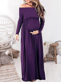 Yooulike Solid Color Draped Boat Neck Off Shoulder Long Sleeve Elegant Fashion Photo Shooting Maternity Maxi Dress