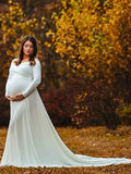 Yooulike Solid Color Off Shoulder Big Swing Backless Long Sleeve Elegant Maternity Photoshoot Maxi Dress Winter