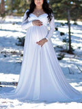 Yooulike Solid Color Off Shoulder Big Swing Backless Long Sleeve Elegant Maternity Photoshoot Maxi Dress Winter