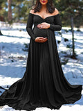 Yooulike Solid Color Off Shoulder Big Swing Backless Long Sleeve Elegant Maternity Photoshoot Maxi Dress Winter