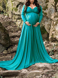 Yooulike Solid Color Off Shoulder Big Swing Backless Long Sleeve Elegant Maternity Photoshoot Maxi Dress Winter