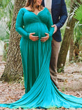 Yooulike Solid Color Off Shoulder Big Swing Backless Long Sleeve Elegant Maternity Photoshoot Maxi Dress Winter