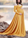 Yooulike Solid Color Off Shoulder Big Swing Backless Long Sleeve Elegant Maternity Photoshoot Maxi Dress Winter